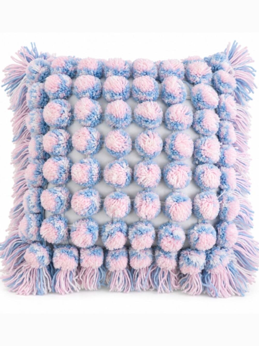 Vintage Handmade Pom-Pom Blue Pink Pillow Boho Cushion Throw Fringe Cottagecore